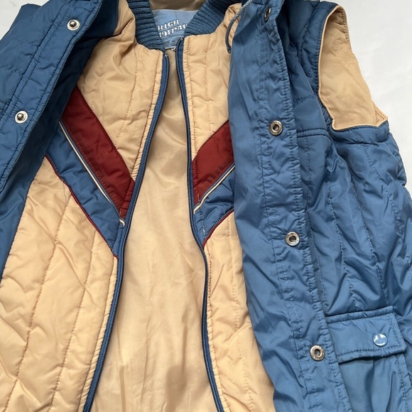 Vintage High Impact Puffer Vest w 1/2 Liner Blue & Tan Size M Mens Hood Snaps - Picture 3 of 8